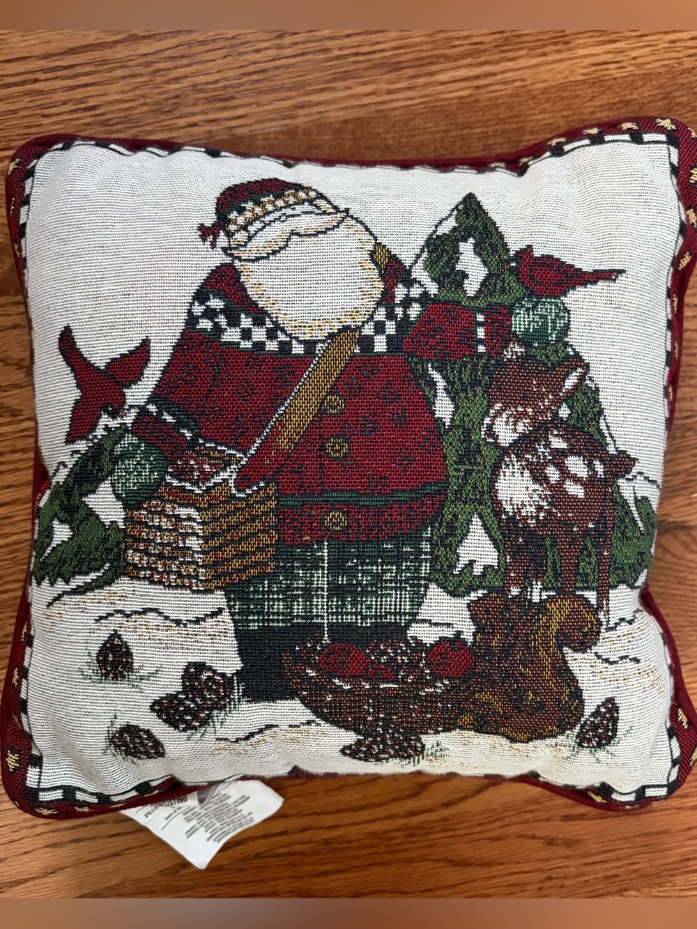 Vintage Debbie Mumm Woodland Santa Tapestry Throw Pillow Rustic Christmas USA